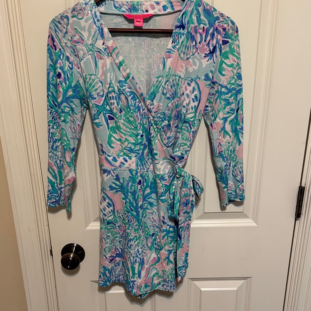 Lilly Pulitzer Blue Floral Wrap Karlie Romper Dress - Picture 2 of 5